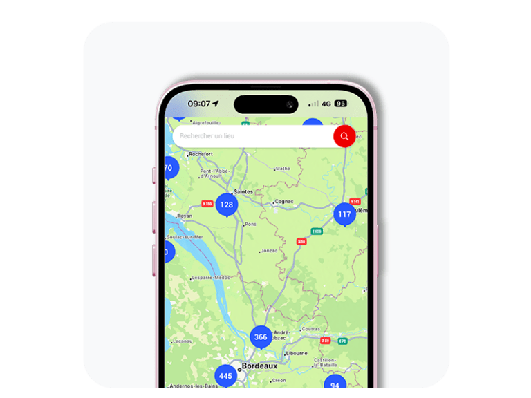 Une image qui met en avant la carte de nos différents point de recharge disponible ou non sur notre application mobile