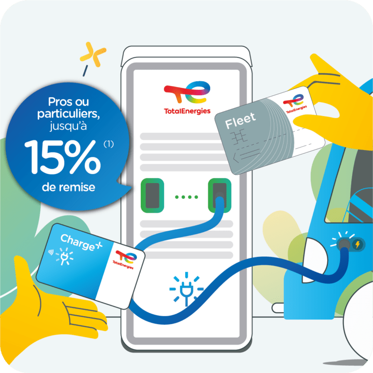 Une illustration qui met en avant la carte Fleet et la carte Charge+ de TotalEnergies