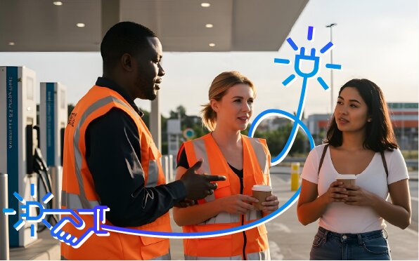 Discussion d'employés de TotalEnergies en station pour la semaine du client