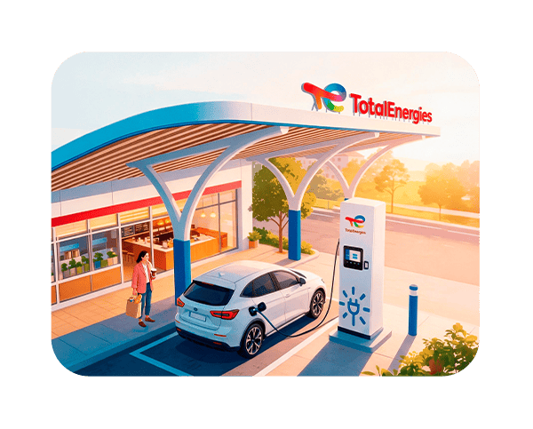 Voiture électrique en recharge sous l'auvent d'une station-service TotalEnergies en journée