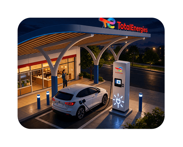 Borne de recharge électrique TotalEnergies éclairée de nuit