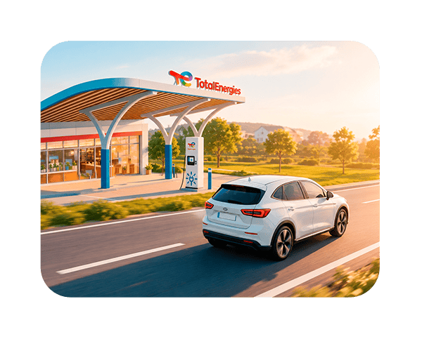 Voiture électrique roulant devant une station-service TotalEnergies